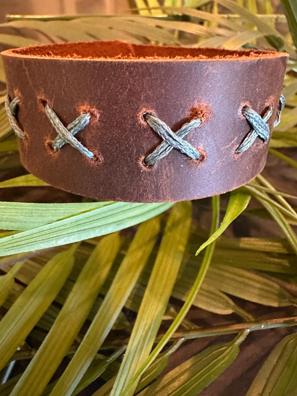 Leather Cuff Bracelet: Dark Brown, Threaded, Bronze Snap, Adjustable