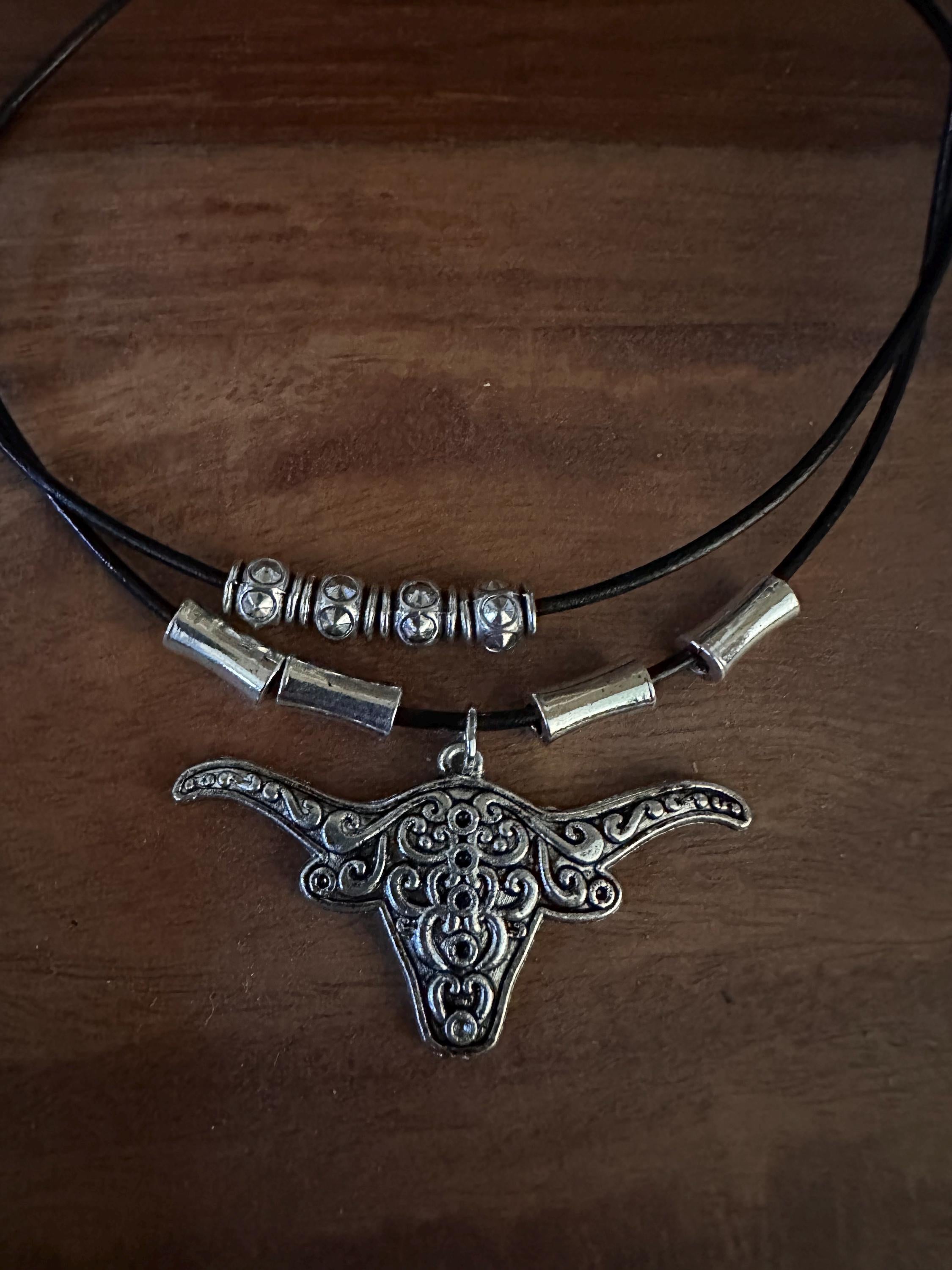 Antique Silver Steer: Silver Beads, Black Leather Cord