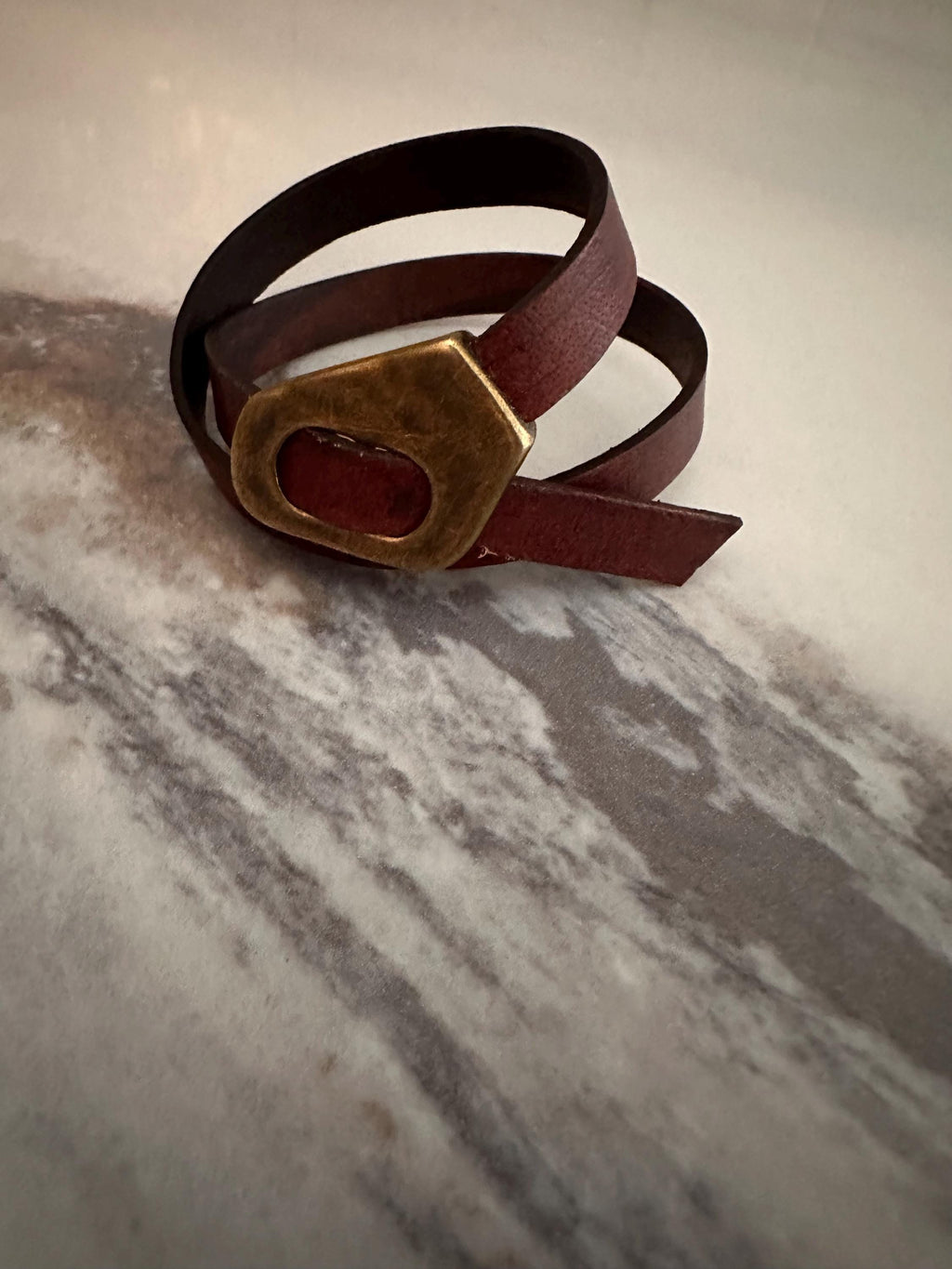 Leather Cuff Bracelet: Rustic Brown Double Wrap, Bronze Buckle, Adjustable