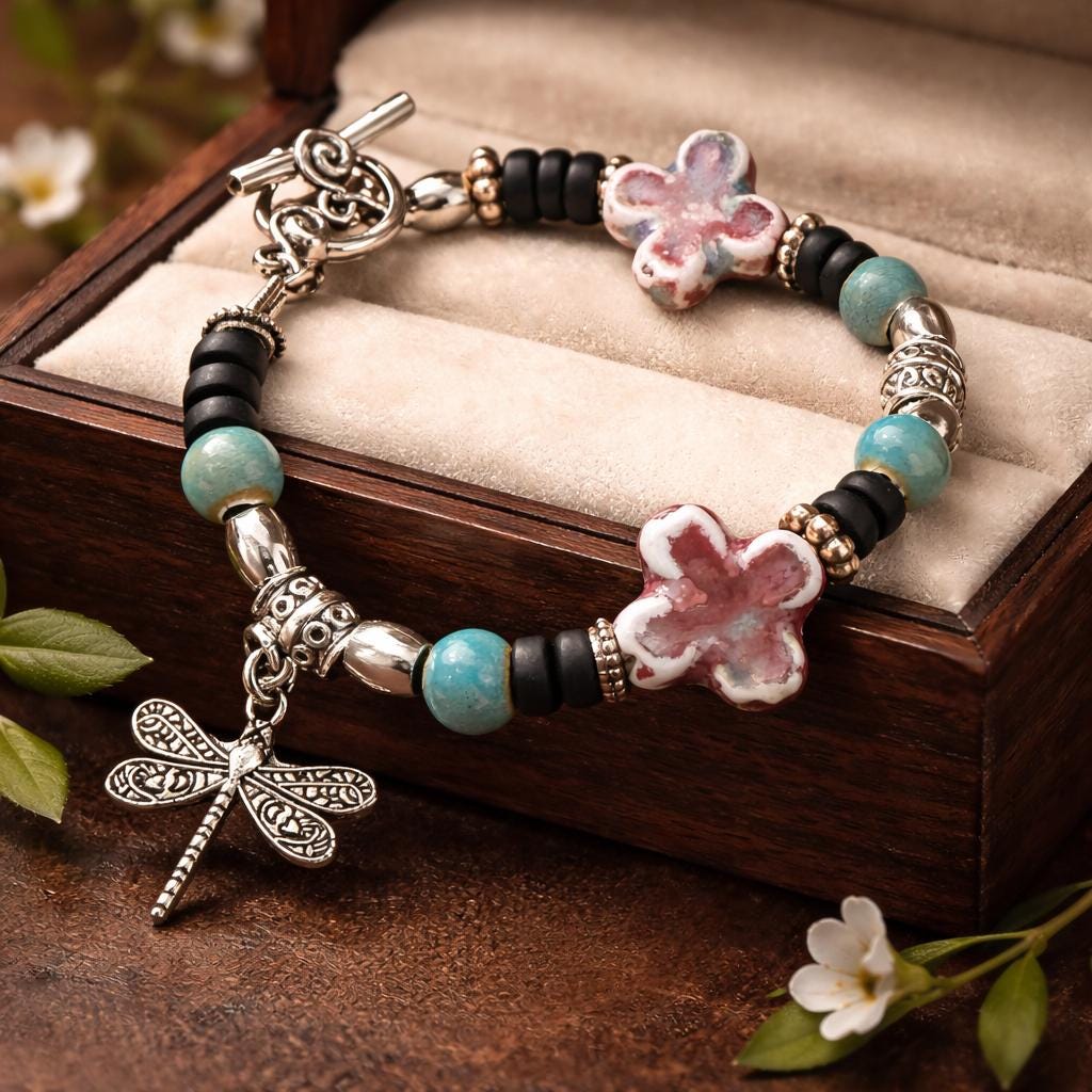 Bracelet,  Dragonfly, Ceramic beads with a combination of stainless beads