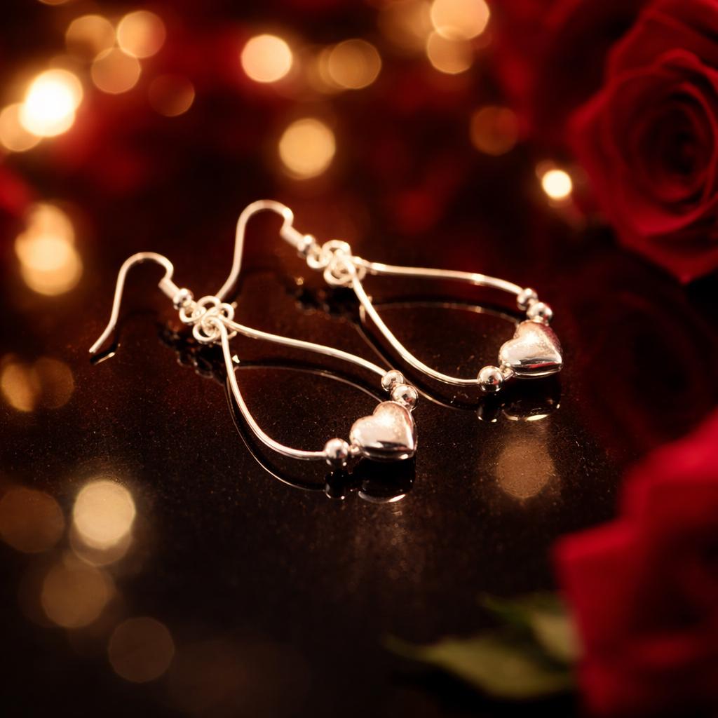 Earrings, Silver Heart Dangle