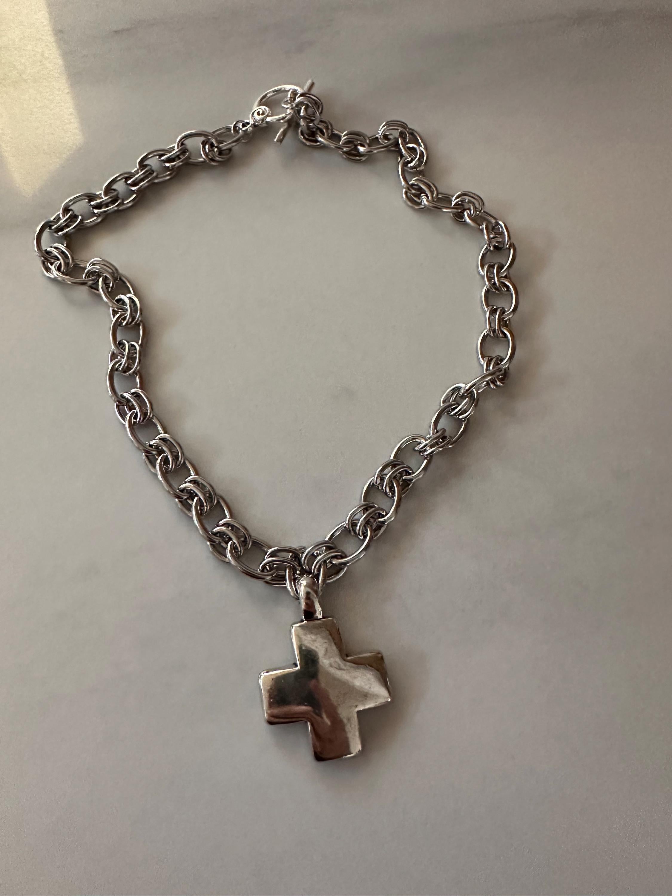 Antique Silver Cross on Oval Rolo Stainless Chain