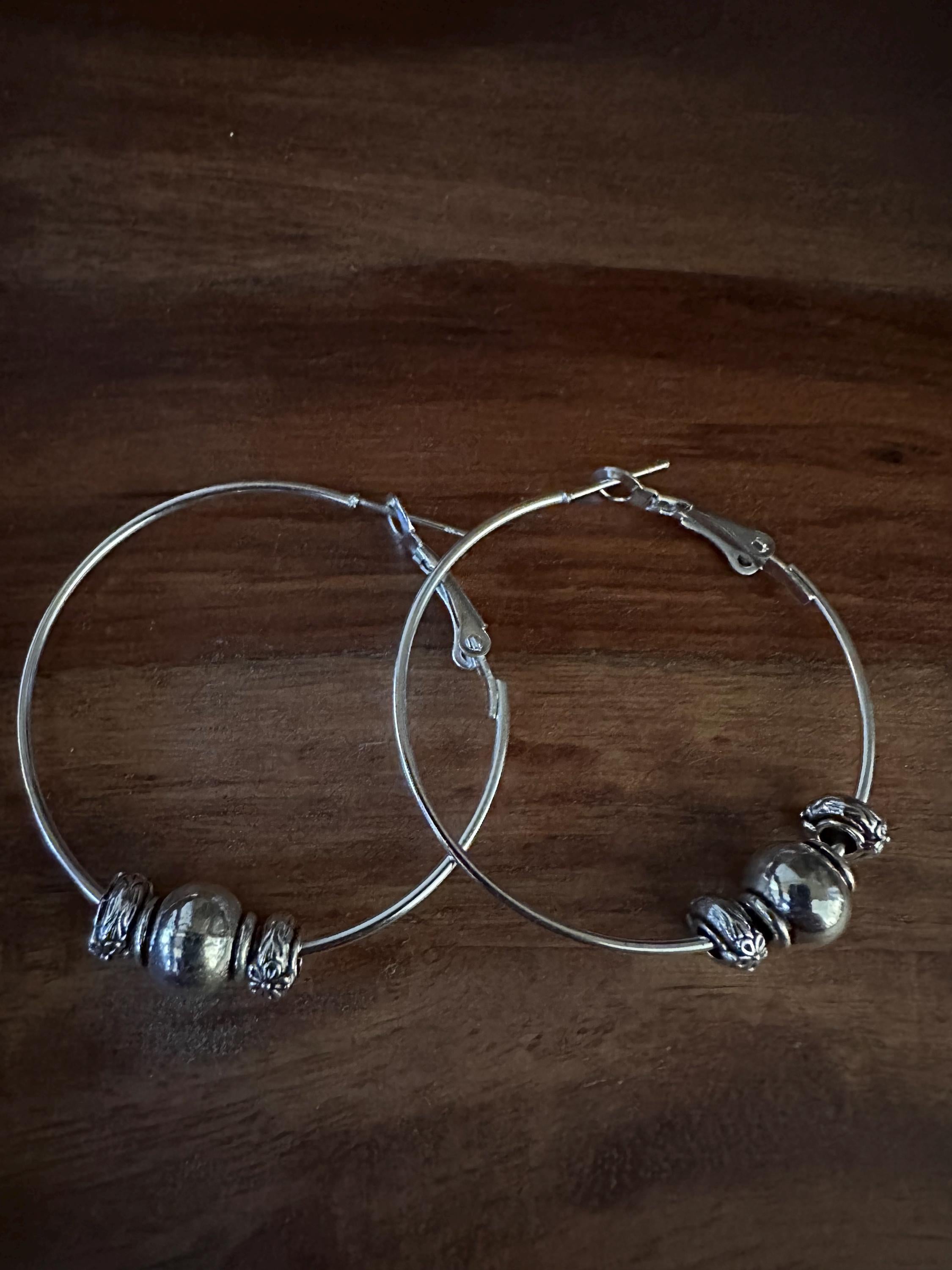 Silver Hoops  35mm with  Antique silver beads