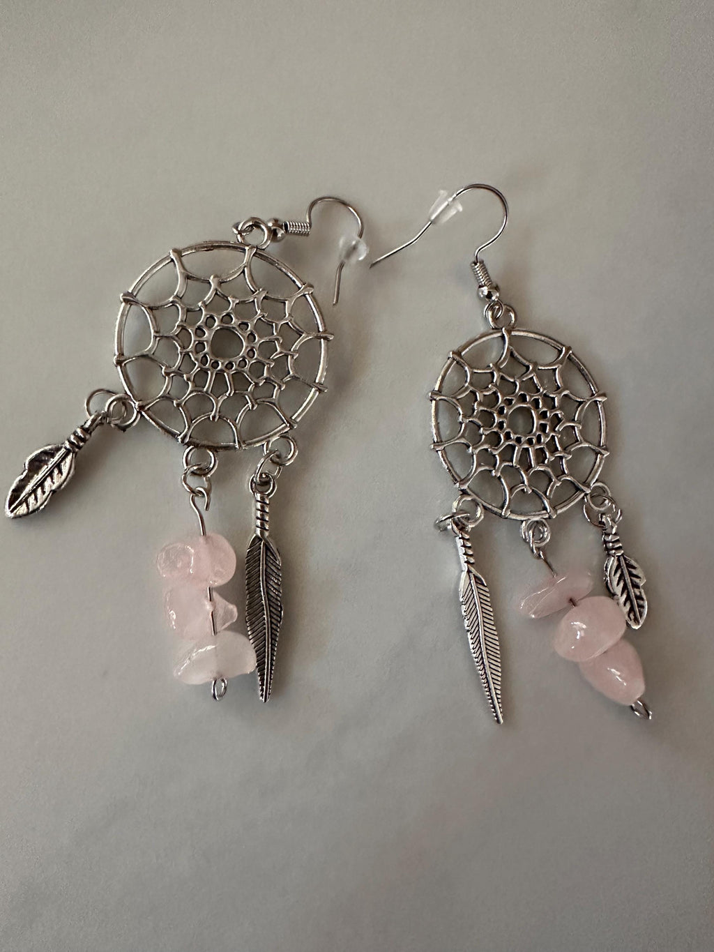 Rose Quartz Antique Silver Dream Catcher Earrings