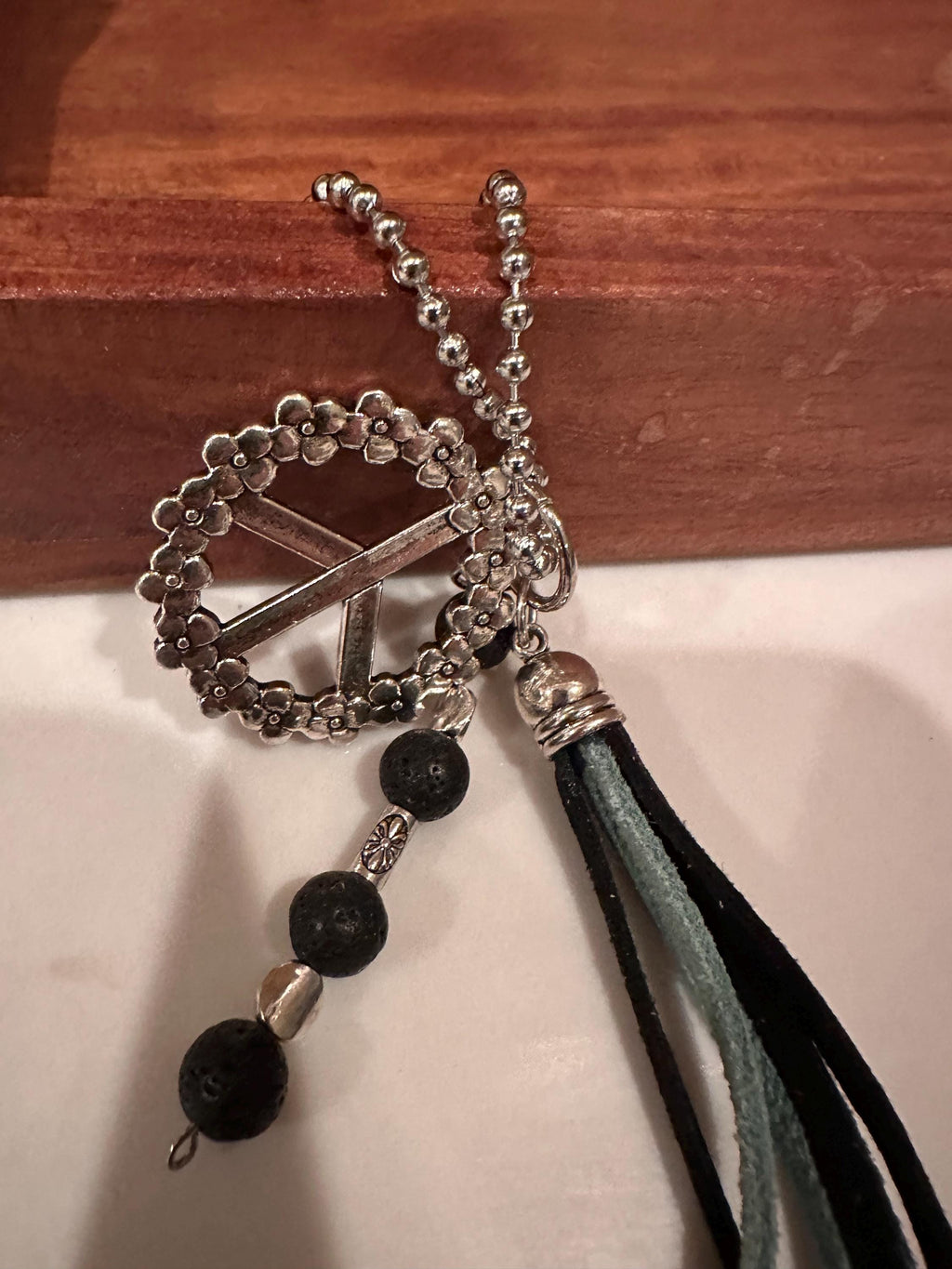 Car Rear View Mirror Peace Sign: Lava Stone, Leather Cord & Silver Beads