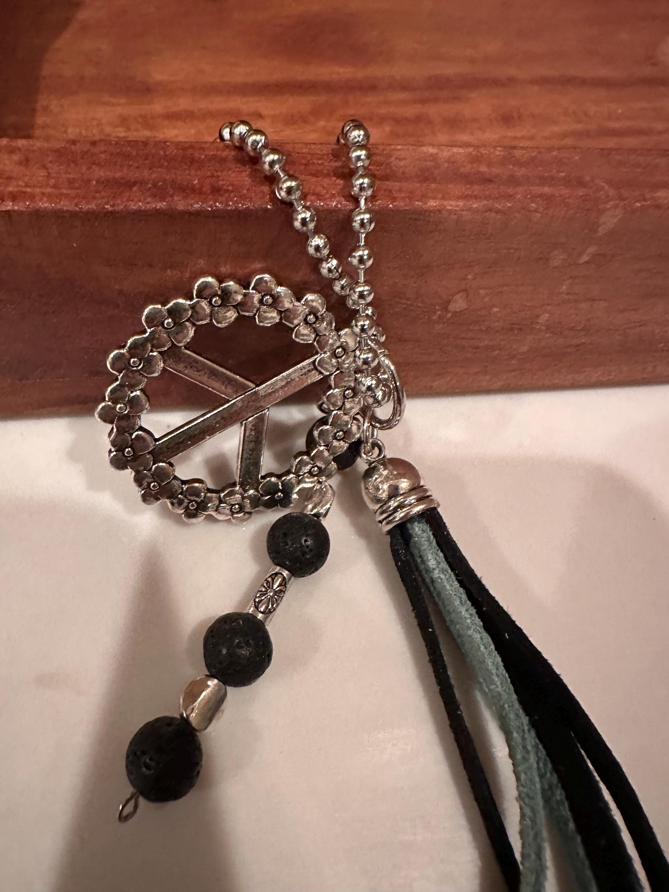 Car Rear View Mirror Peace Sign: Lava Stone, Leather Cord & Silver Beads