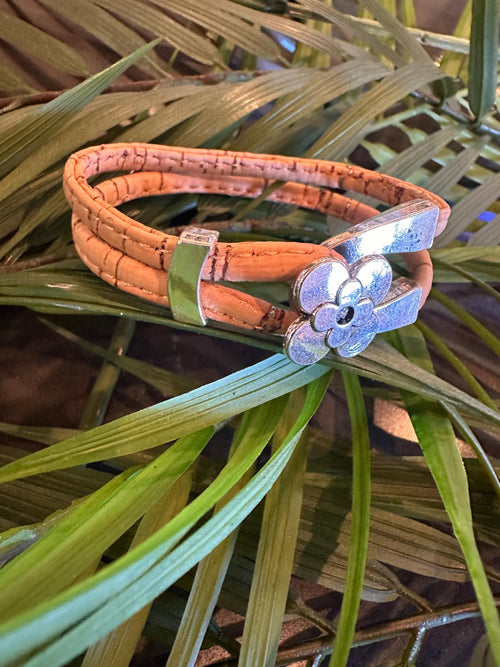 Bracelet, Cork, Natural w/hint of color, Silver Flower Hook