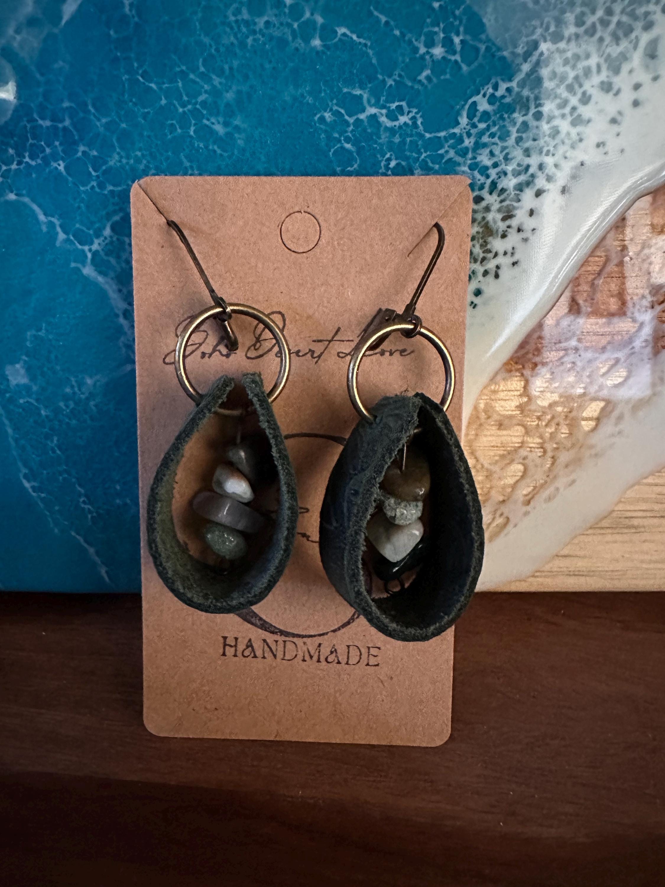Agate Indian and Leather Earrings