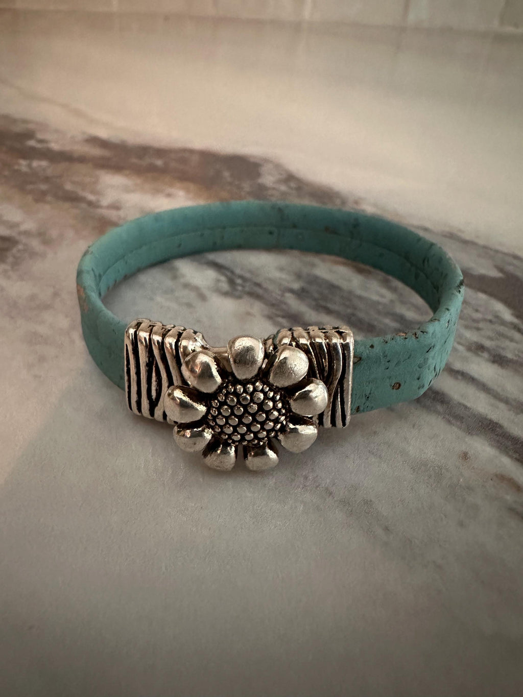 Cork Cuff Bracelet: Teal, Antique Silver SunFlower Slider, Silver Clasp