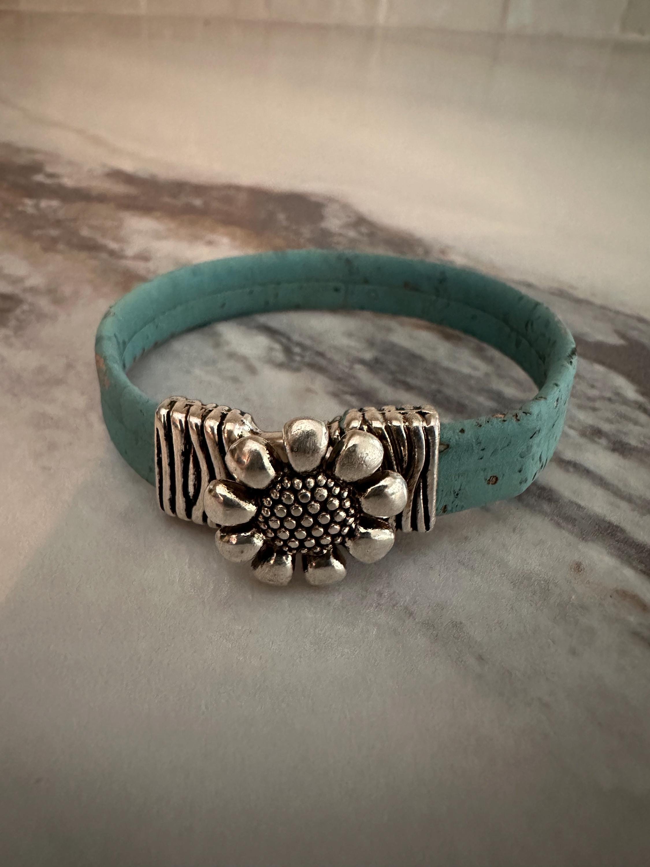 Cork Cuff Bracelet: Teal, Antique Silver SunFlower Slider, Silver Clasp