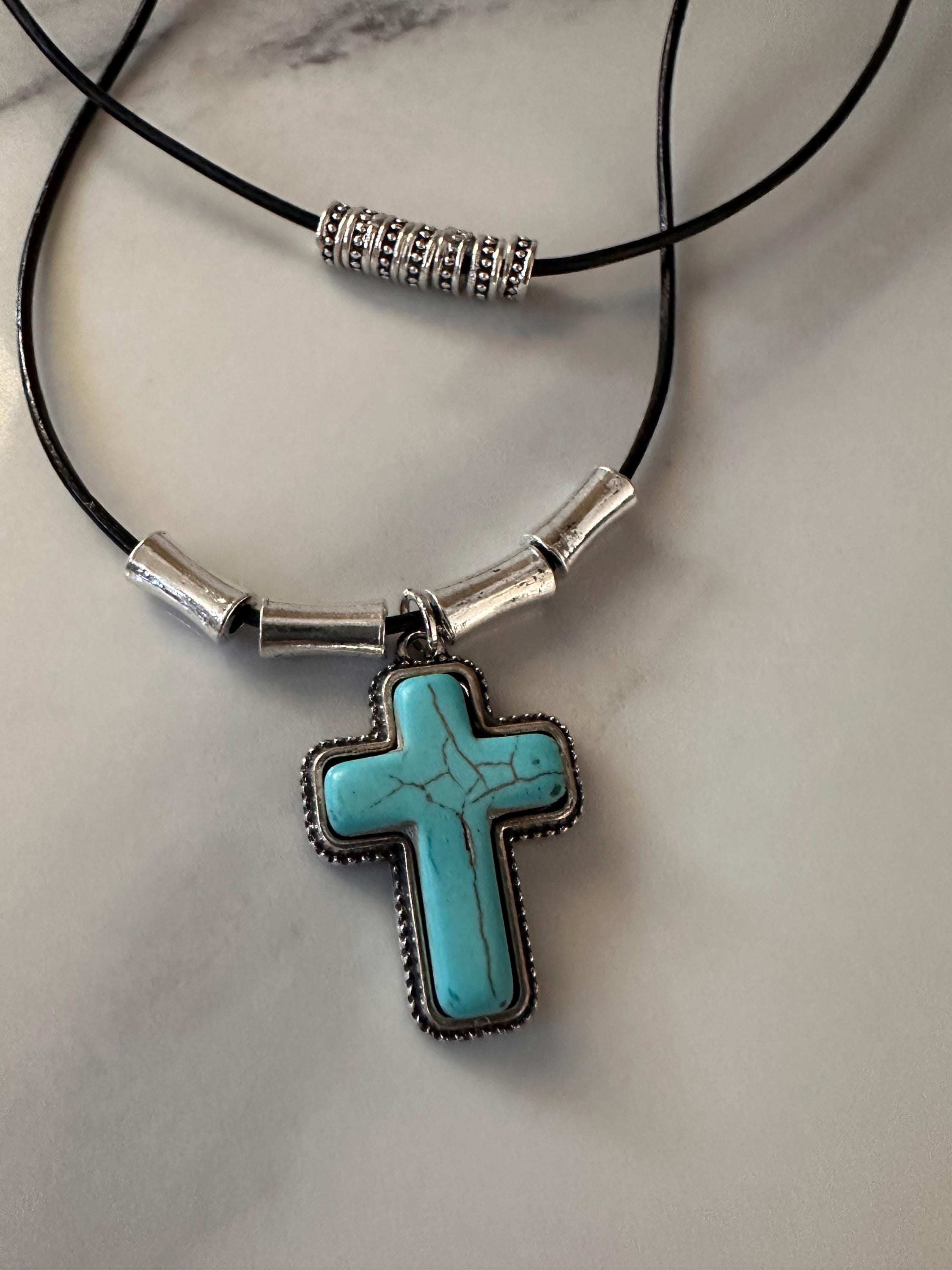Pewter Turquoise-Style Cross Pendant: Silver Beads, Black Leather Cord