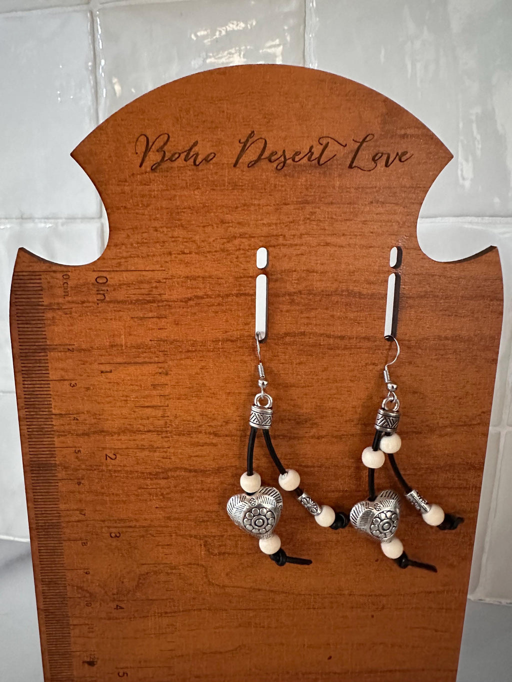 Antique Silver Heart and Beads, Leather Cord Earrings
