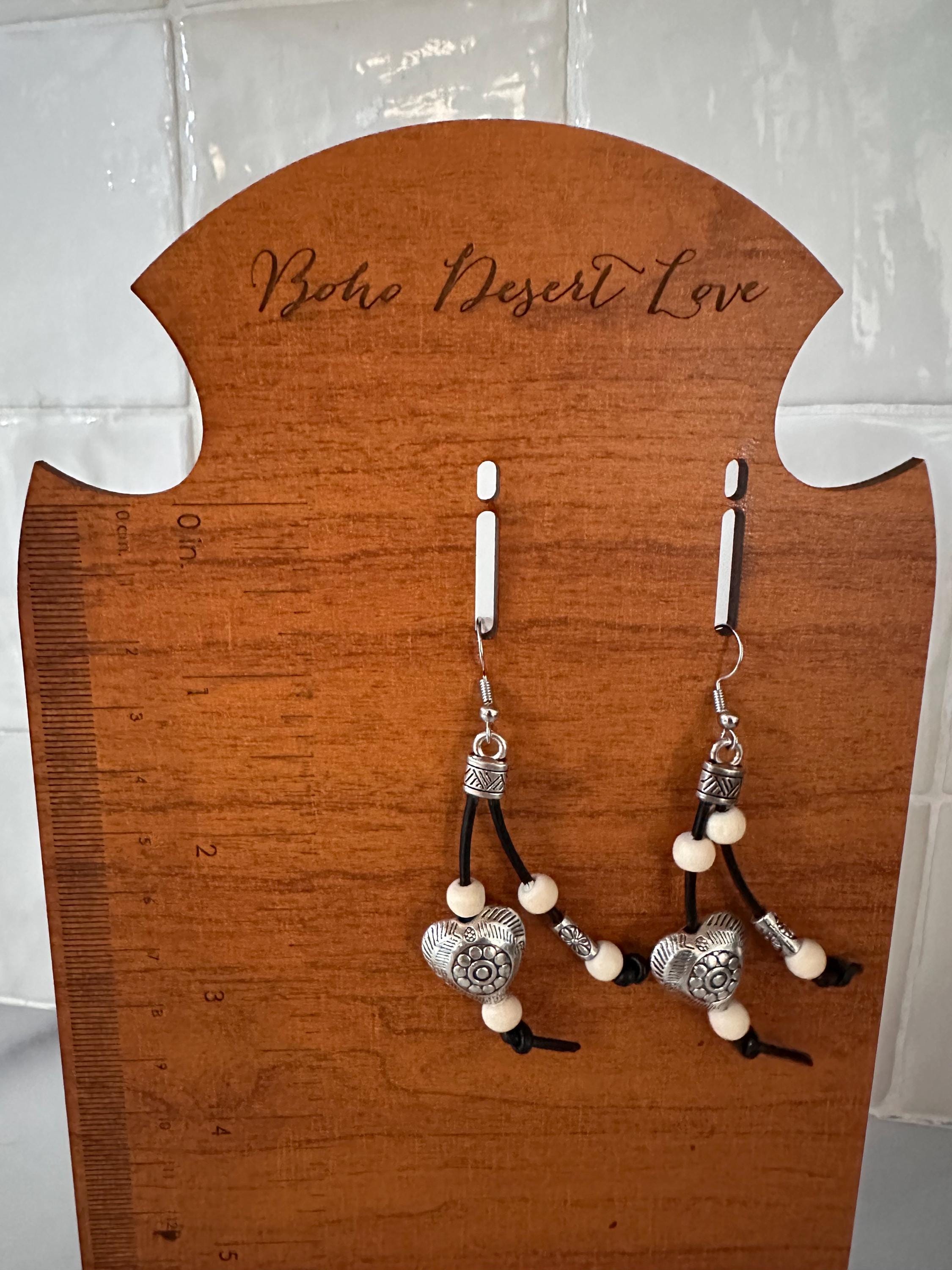 Antique Silver Heart and Beads, Leather Cord Earrings