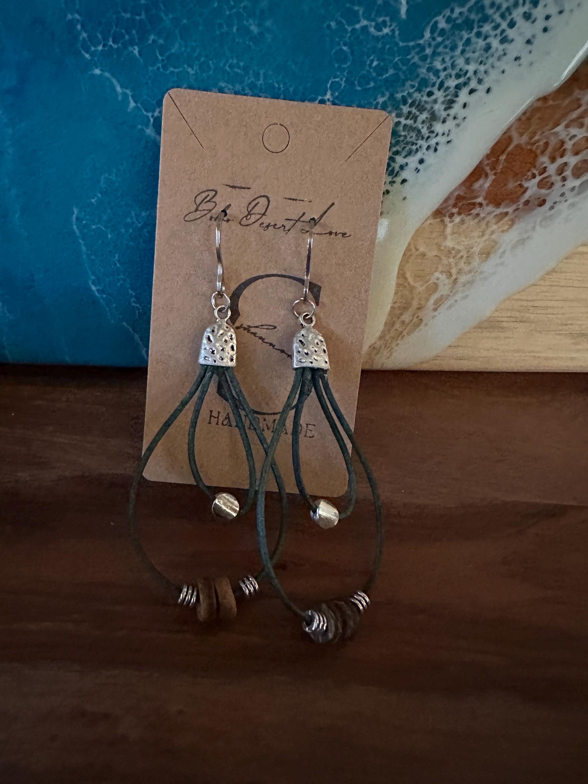 Teal Leather, Silver Alloy Beads, Wood Beads  with Stainless Steel Hooks