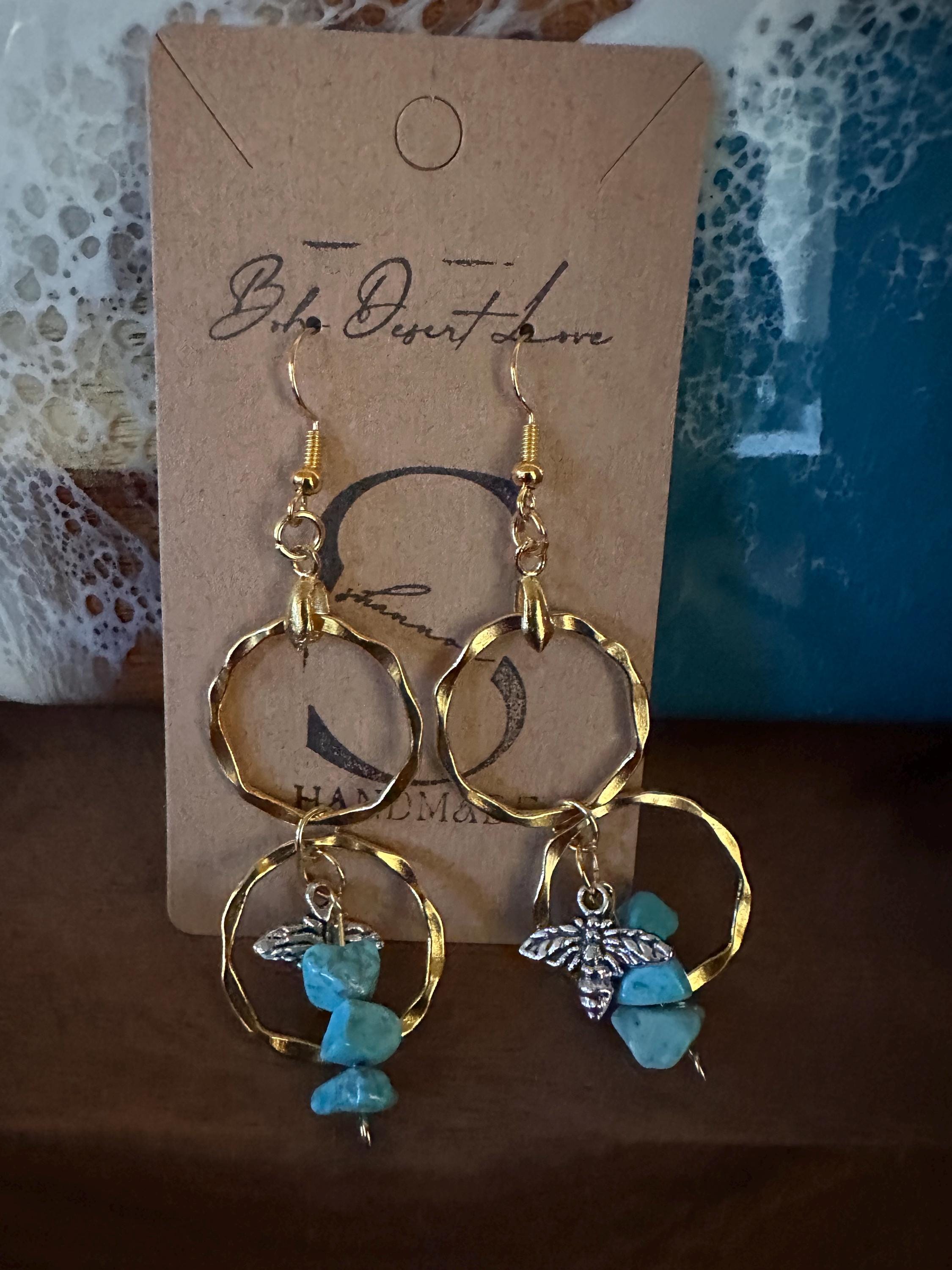 Turquoise Stone, Gold Plated Rings with Antique Silver Bee Earrings