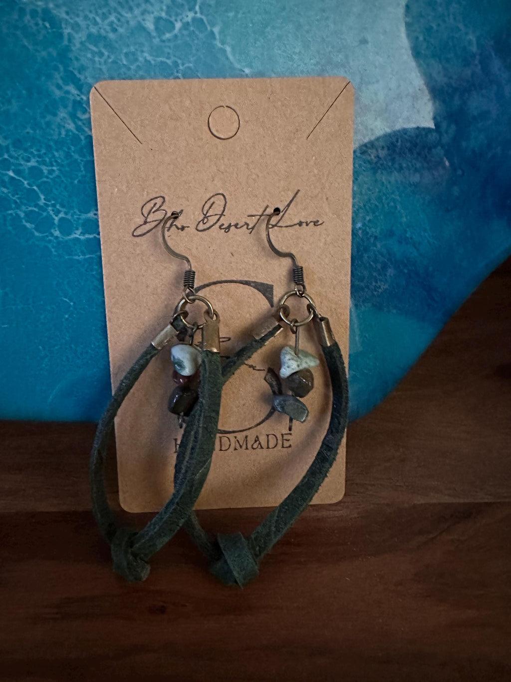 Green Knotted Leather and Indian Agate Stone with Bronze Hook Earrings