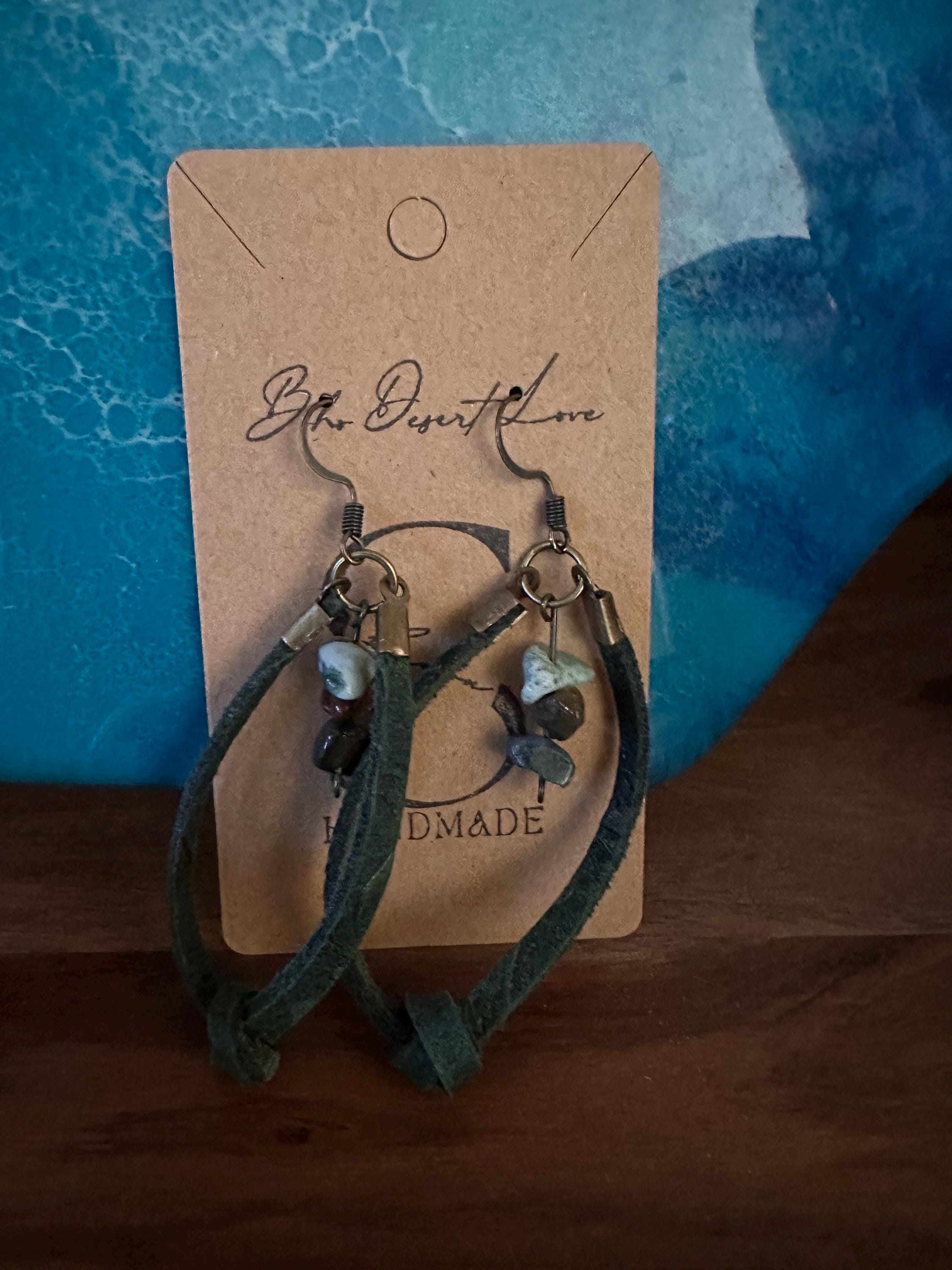 Green Knotted Leather and Indian Agate Stone with Bronze Hook Earrings
