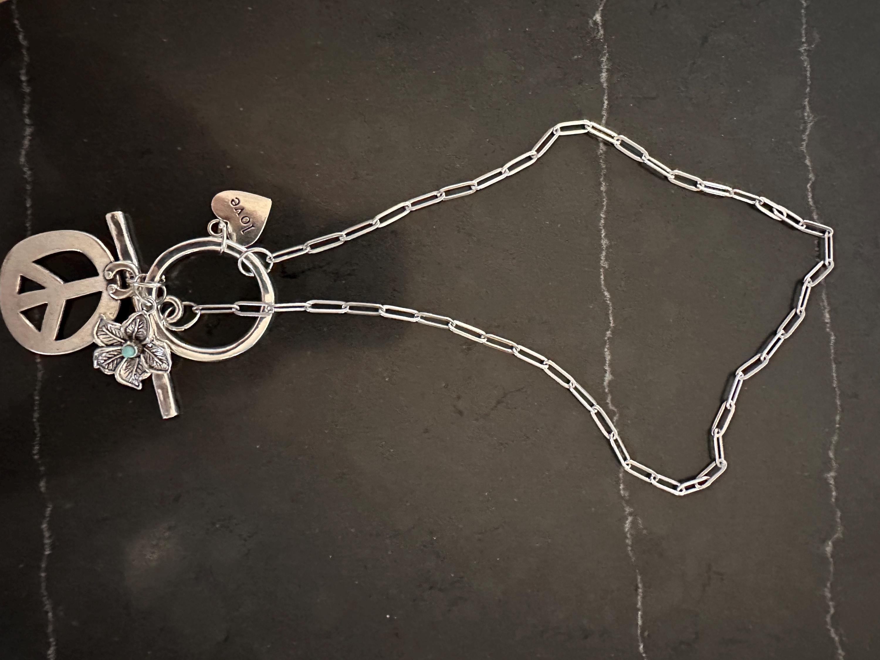 Silver Tone Peace, charm, paper clip chain with toggle clasp