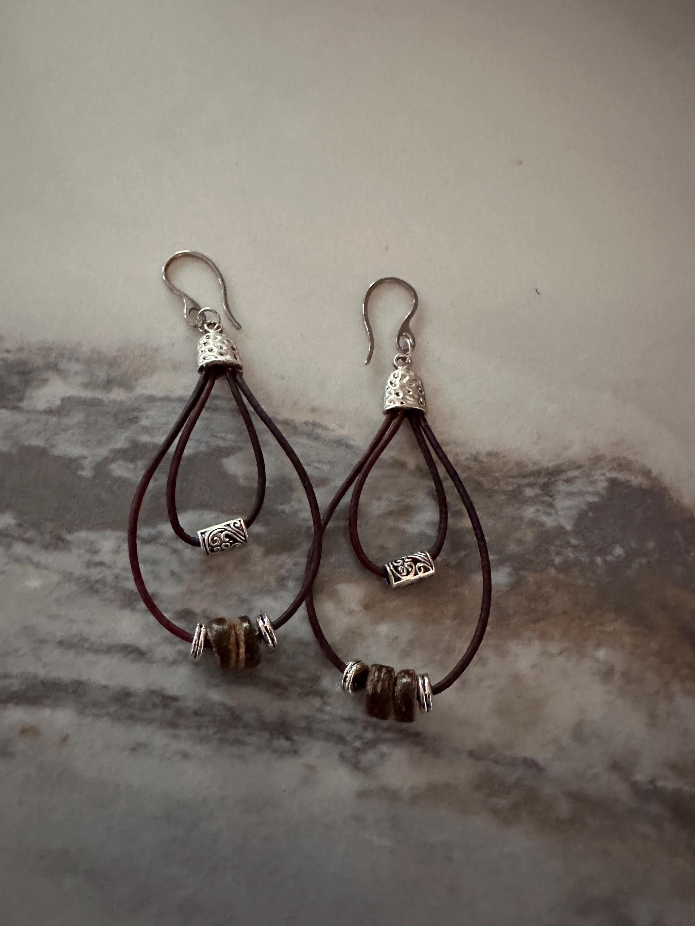 Cherry Brown Leather, Silver Alloy Beads, Wood Beads  with Stainless Steel Hooks