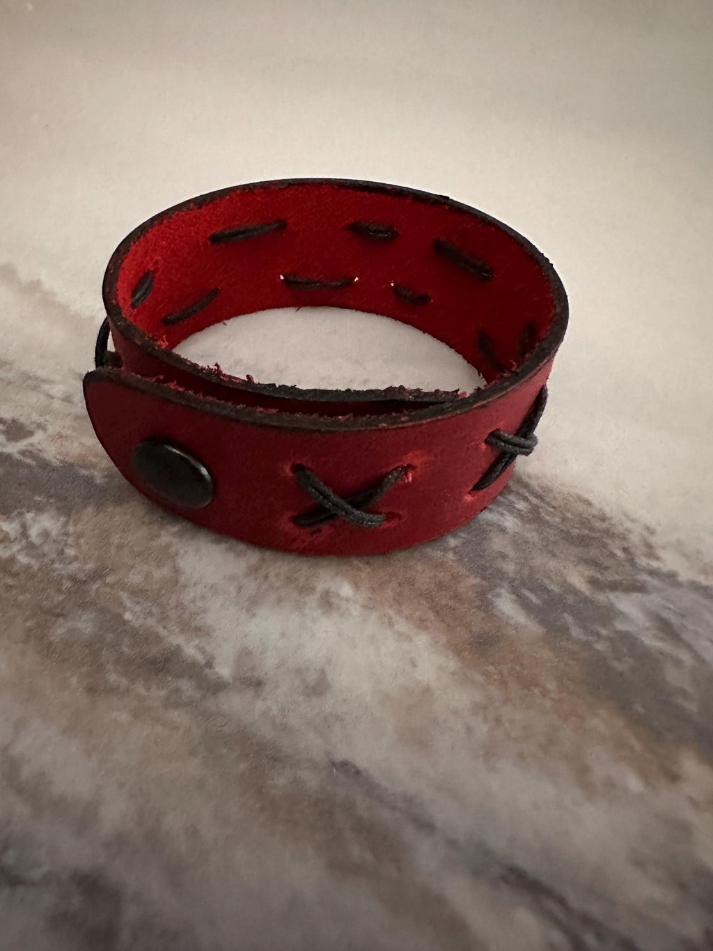 Leather Cuff Bracelet: Red, Threaded, Black Snap, Adjustable