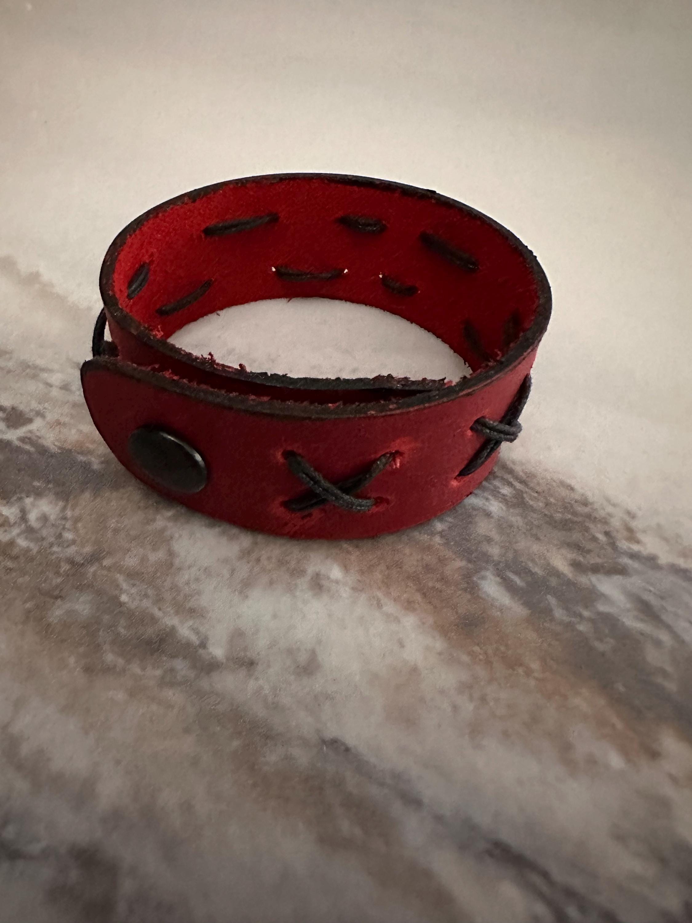 Leather Cuff Bracelet: Red, Threaded, Black Snap, Adjustable