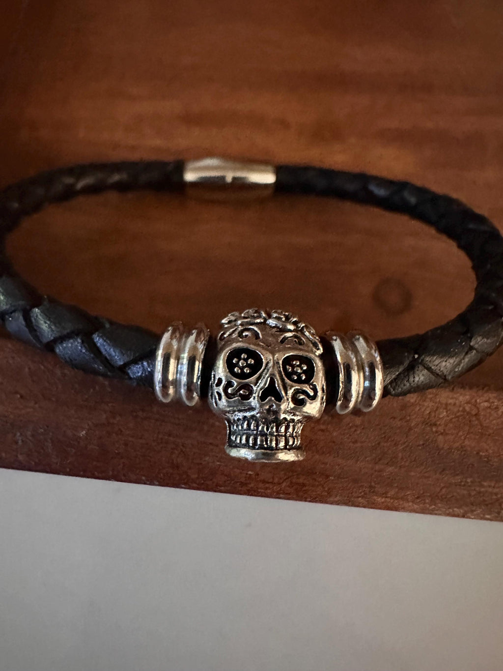 Leather Cuff Bracelet: Silver Skull Bead, Magnetic Clasp