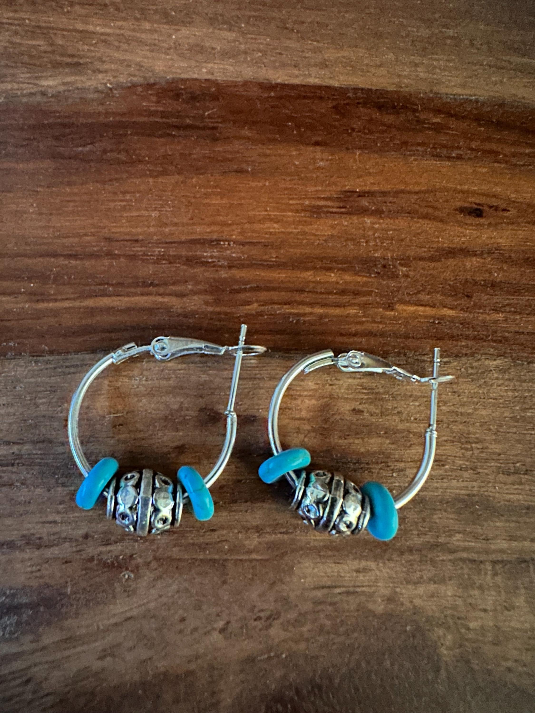 Silver Hoop Earrings with Turquoise & Antique Silver Beads (20mm)