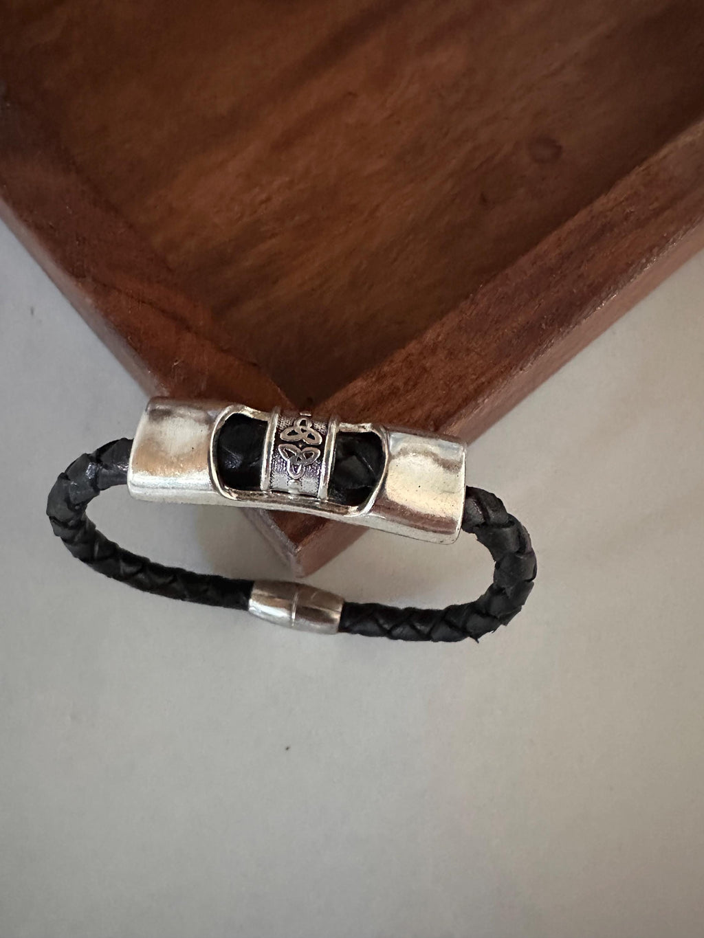 Leather Cuff Bracelet: Silver Bead Slider, Magnetic Clasp
