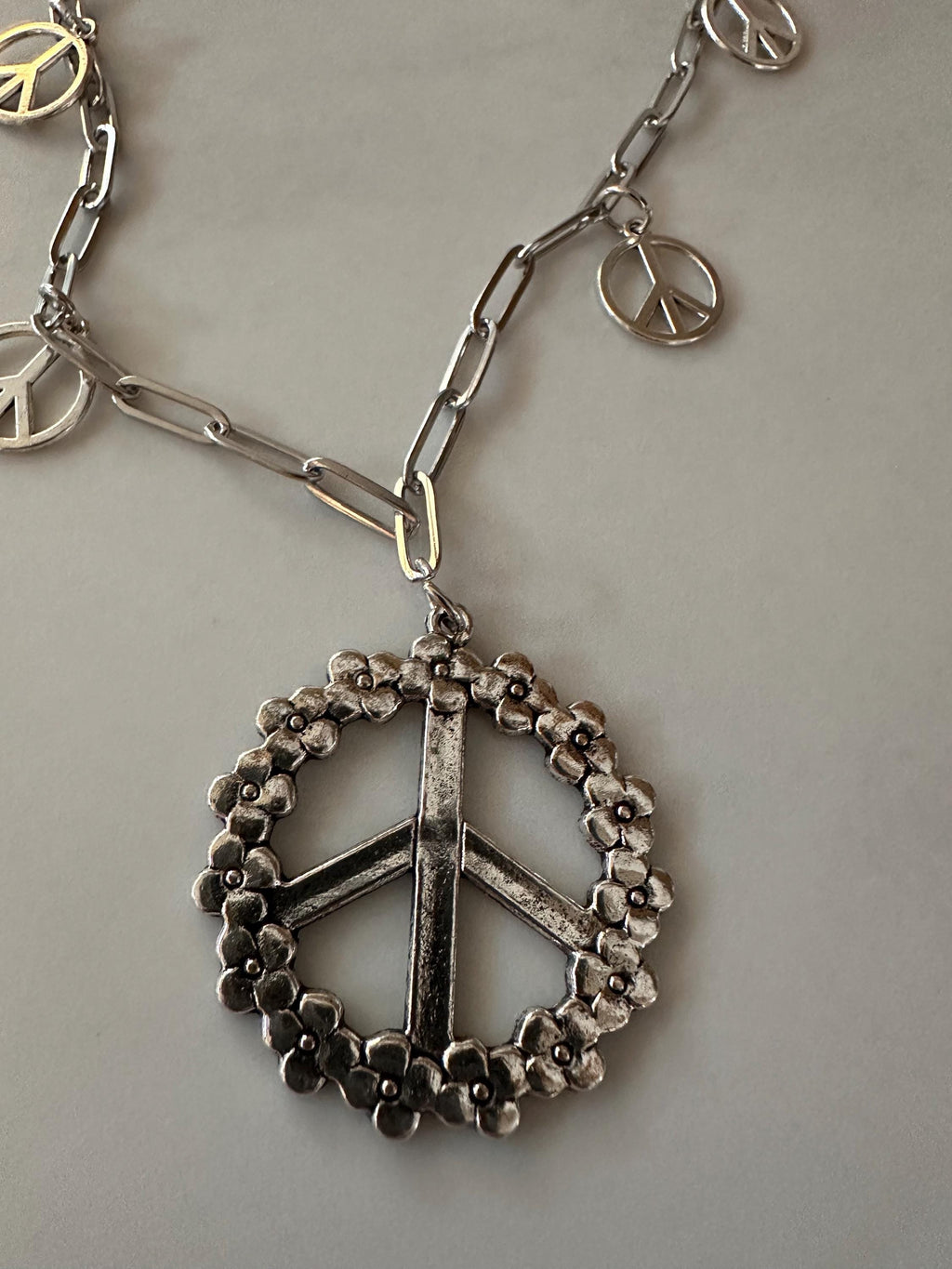 Flower Peace Sign Pendant on Stainless Steel Chain