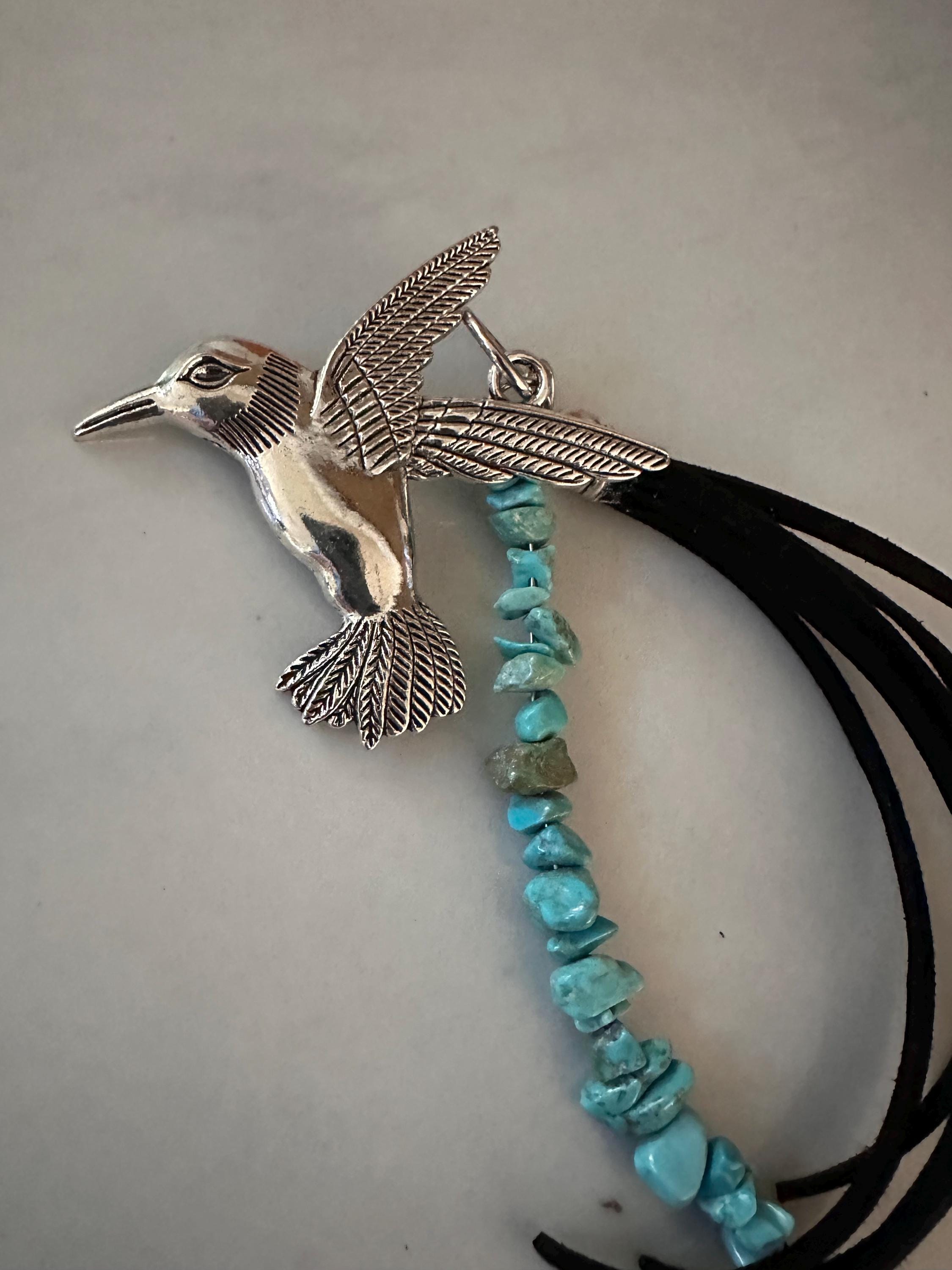 Car-Rear View Mirror Hummingbird Turquoise Color Stone, Leather Cord, Stainless Steel Ball Chain