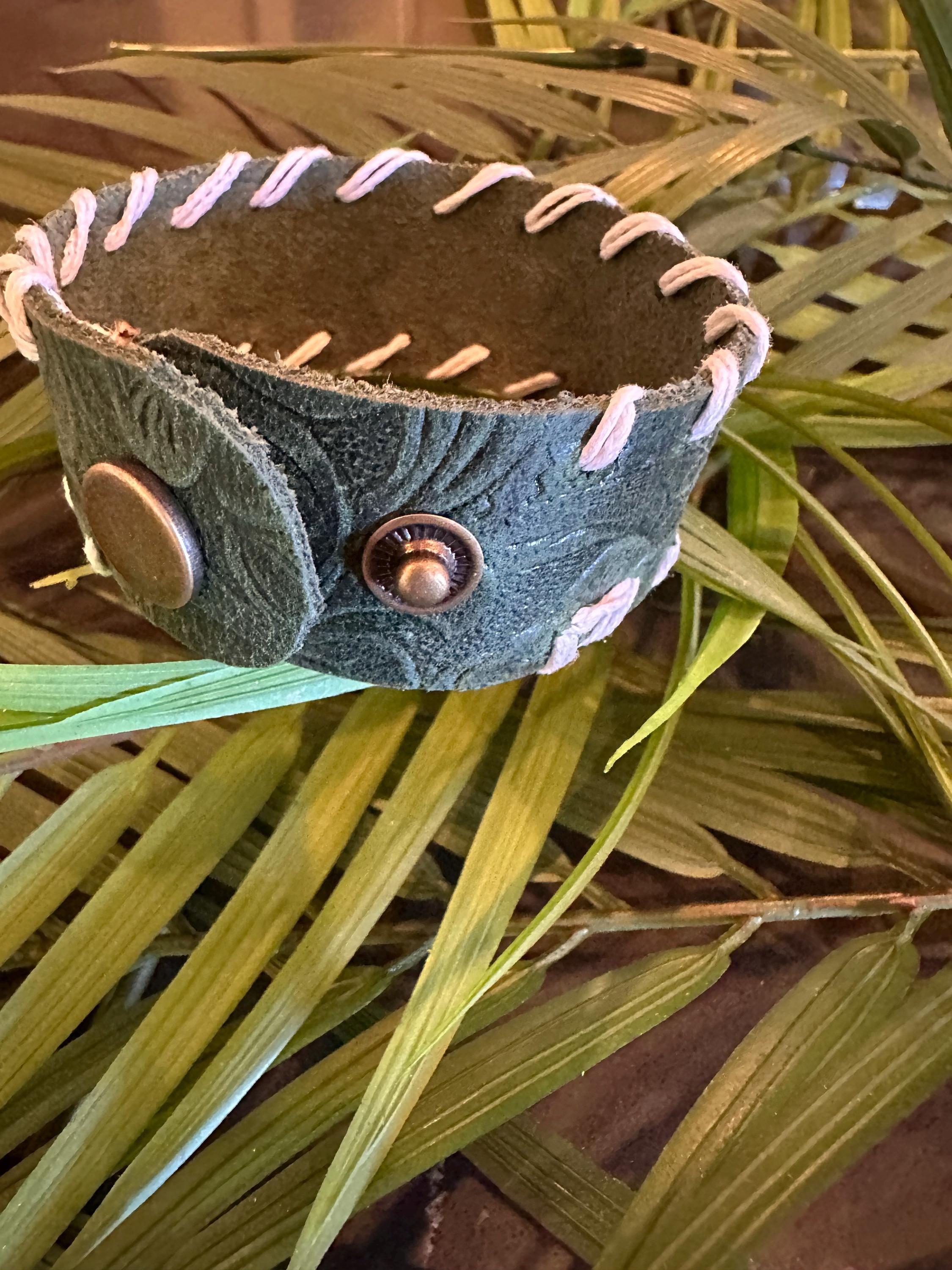 Leather Cuff Bracelet: Dark Tooled Green, Threaded, Bronze Snap, Adjustable