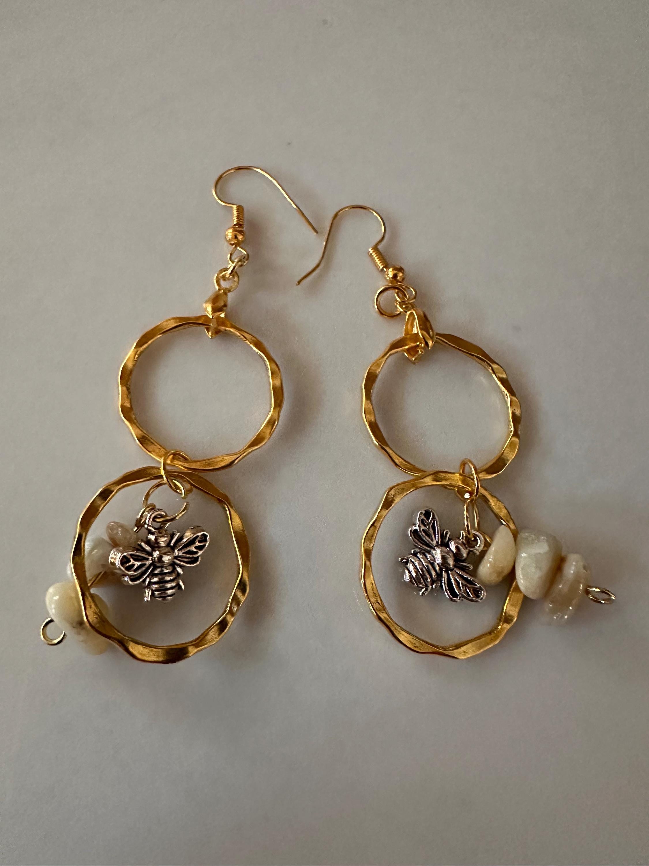 Amazonite, Gold Plated Rings with Antique Silver Bee Earrings