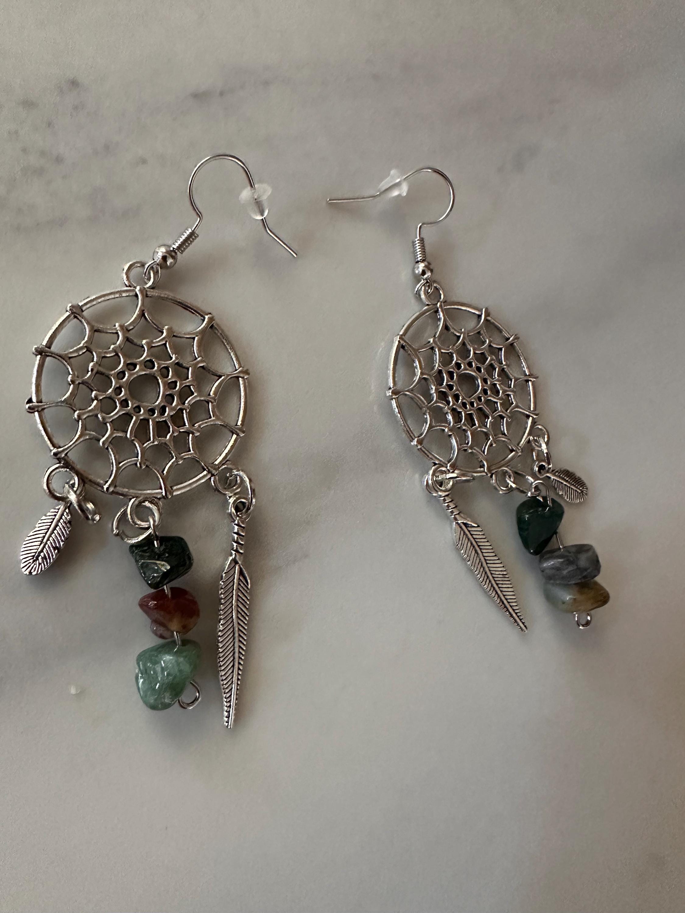 Indian Agate Antique Silver Dream Catcher Earrings