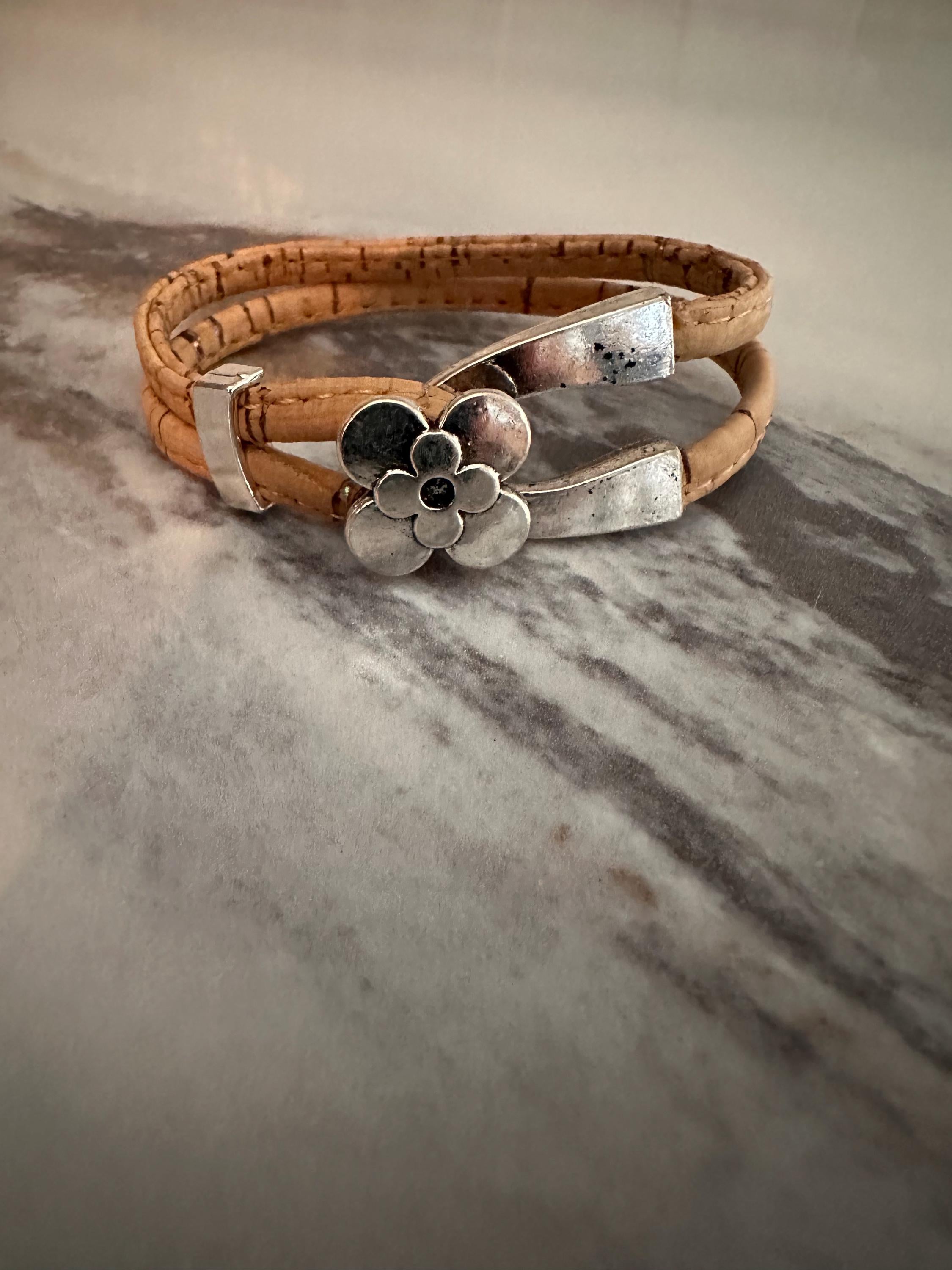 Cork Cuff Bracelet: Natural w/hint of color, Silver Flower Hook