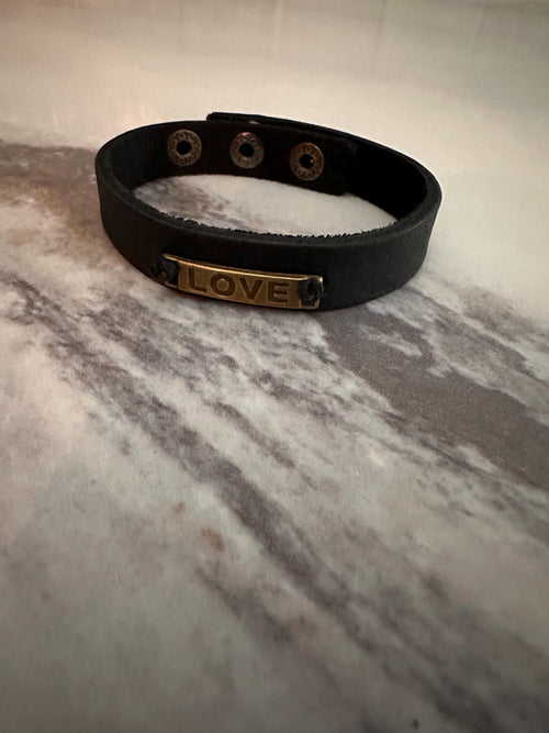 Bracelet, Leather, Black, Love, Adjustable