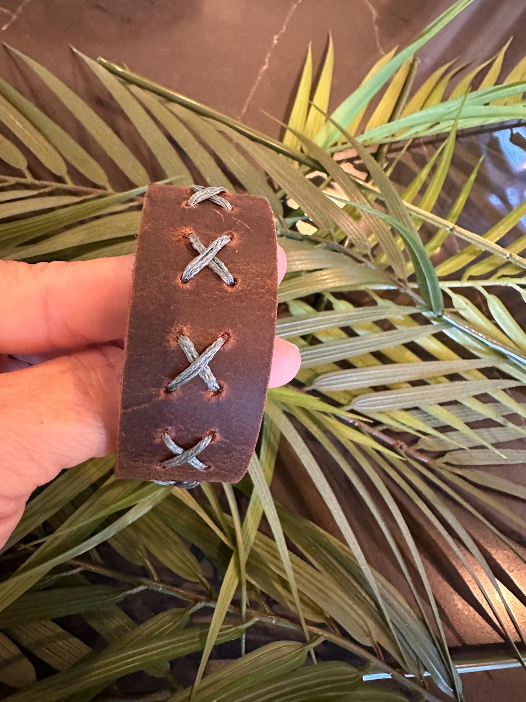 Leather Cuff Bracelet: Dark Brown, Threaded, Bronze Snap, Adjustable