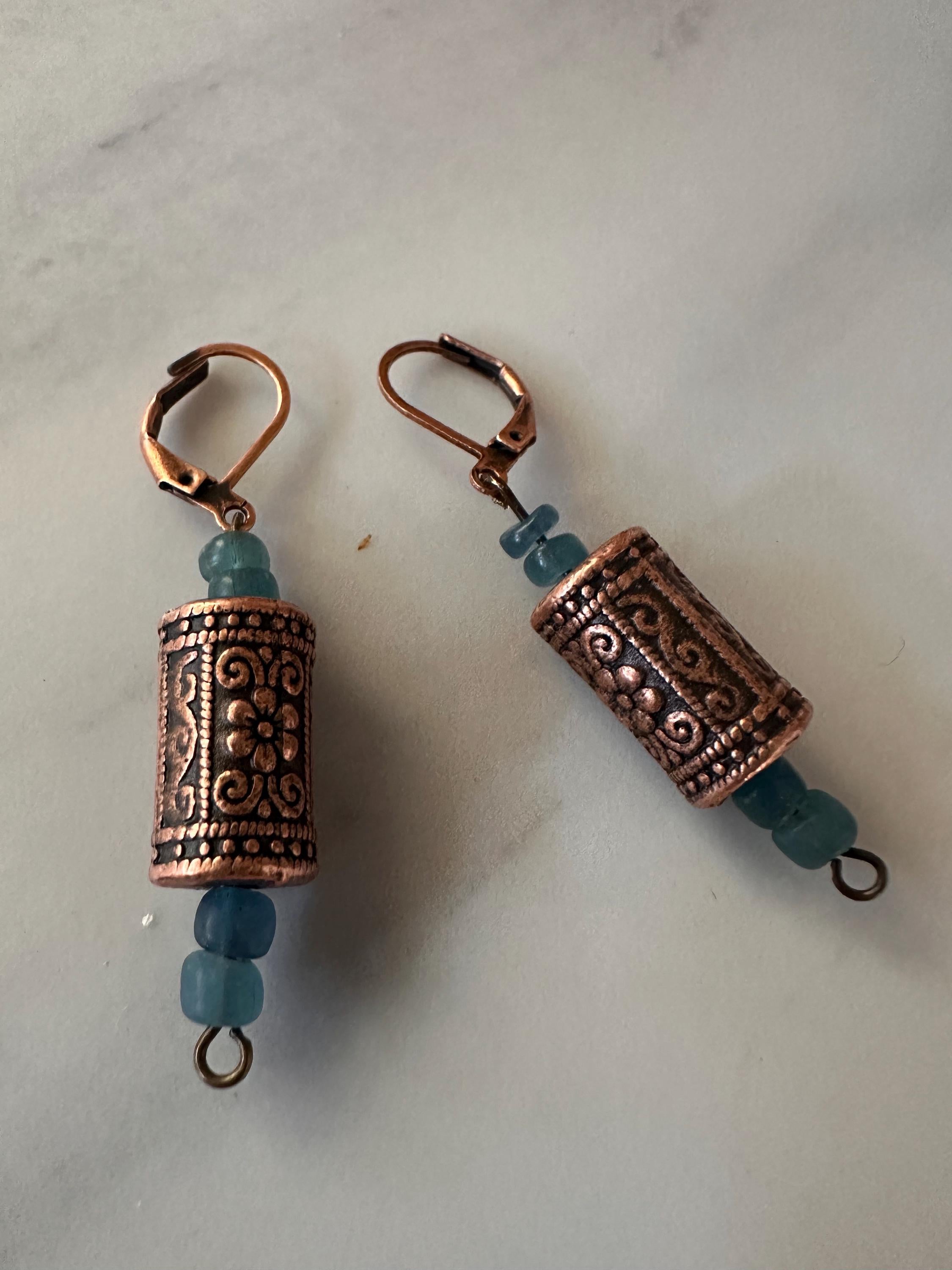 Blue Java and Copper Bead Earrings