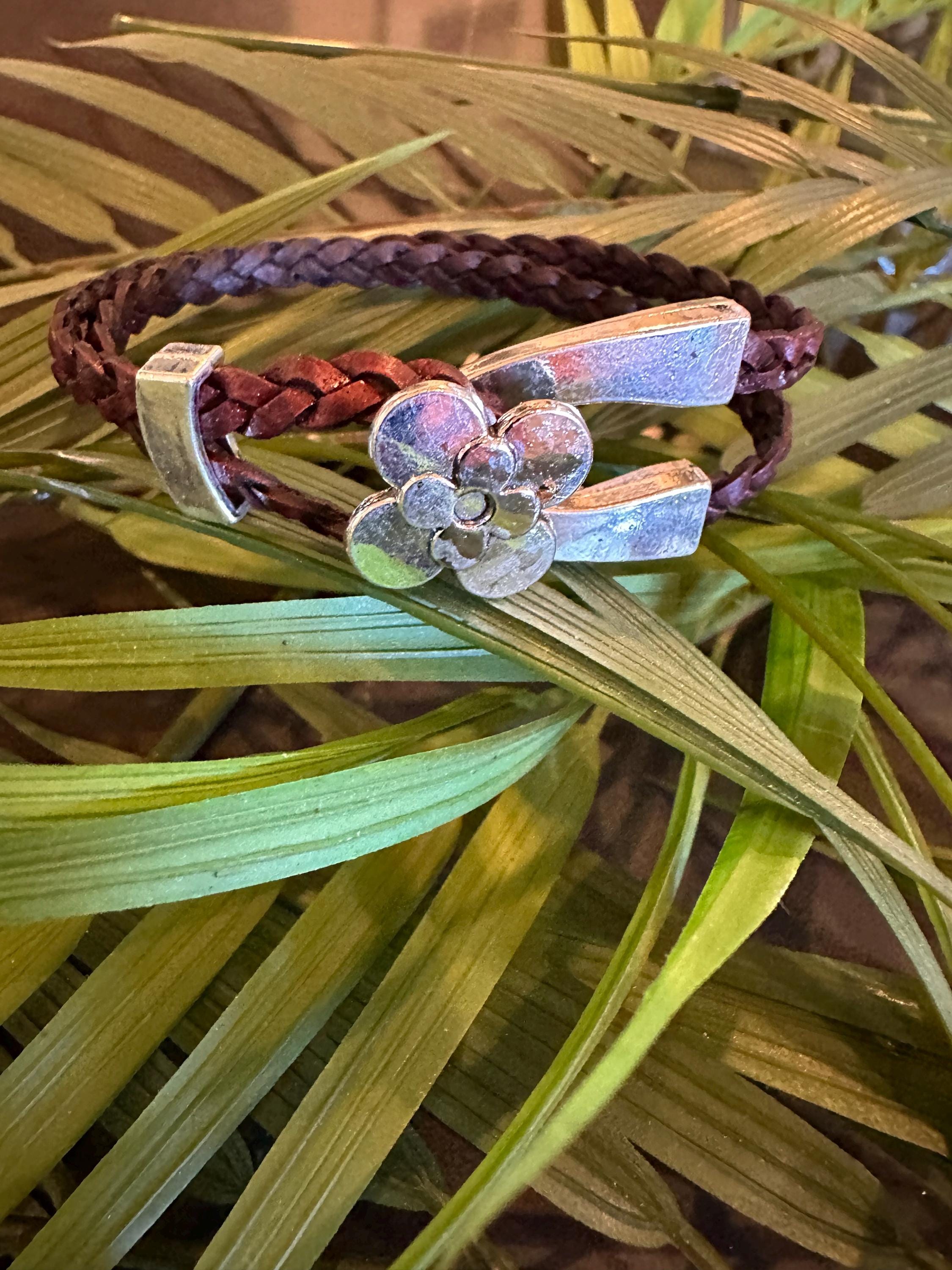 Leather Cuff Bracelet: Dark Brown, Braided, Silver Flower Hook