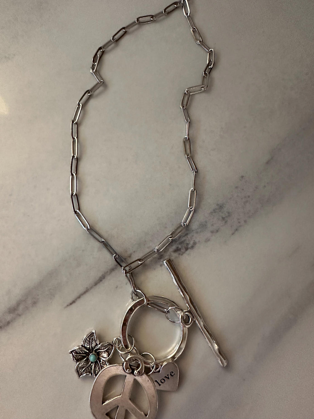 Silver Tone Peace, charm, paper clip chain with toggle clasp