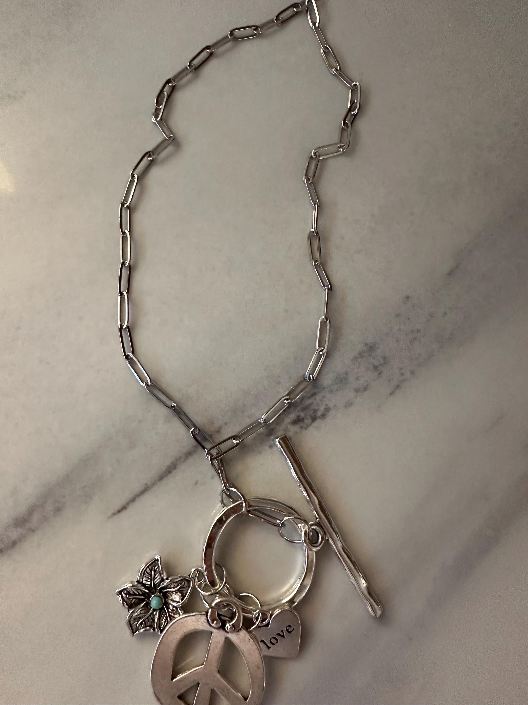 Silver Tone Peace, charm, paper clip chain with toggle clasp