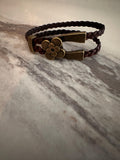 Bracelet, Leather, Dark Brown, Braided, Bronze Flower Hook