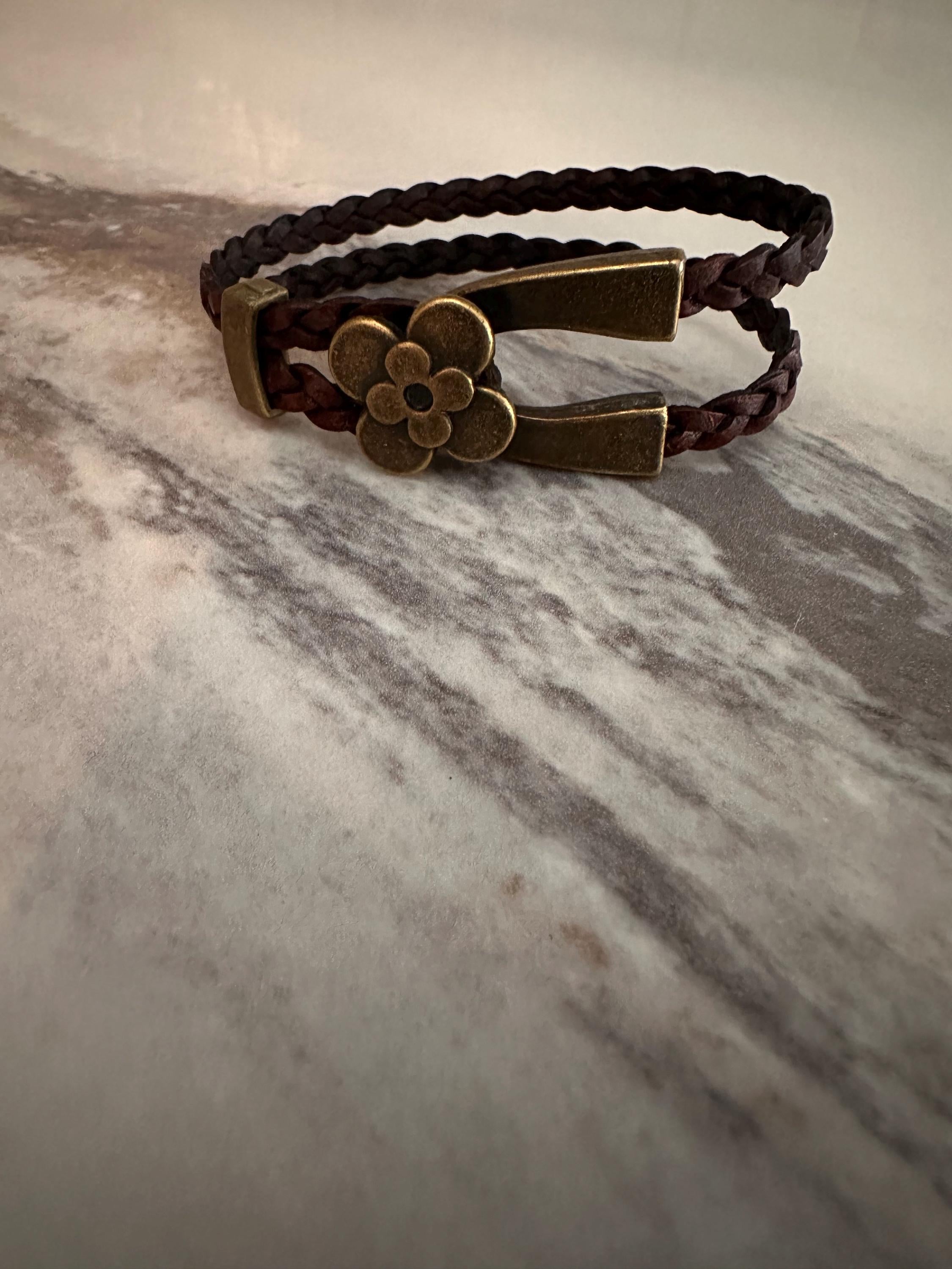 Leather Cuff Bracelet: Dark Brown, Braided, Bronze Flower Hook