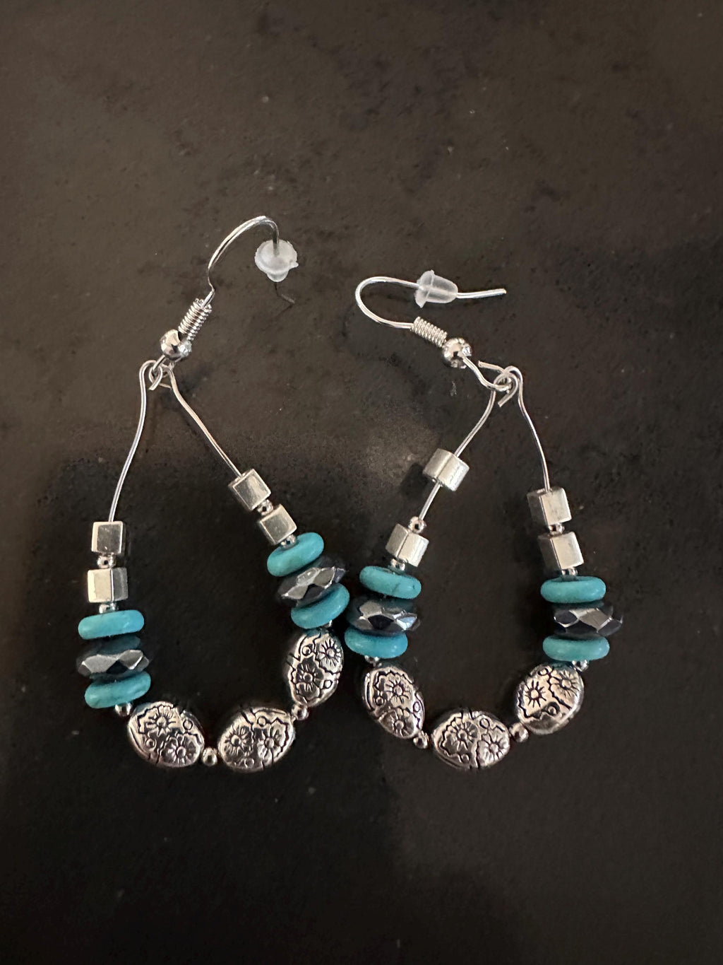 Hypoallergenic Silver Tone Dangle Earrings: Turquoise & Tibetan Style Beads