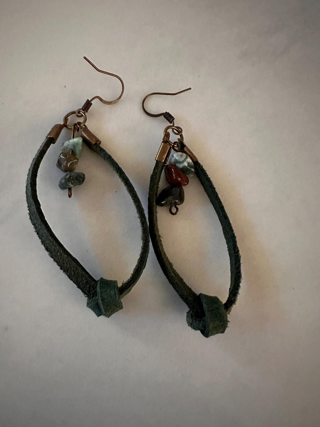 Green Knotted Leather and Indian Agate Stone with Bronze Hook Earrings