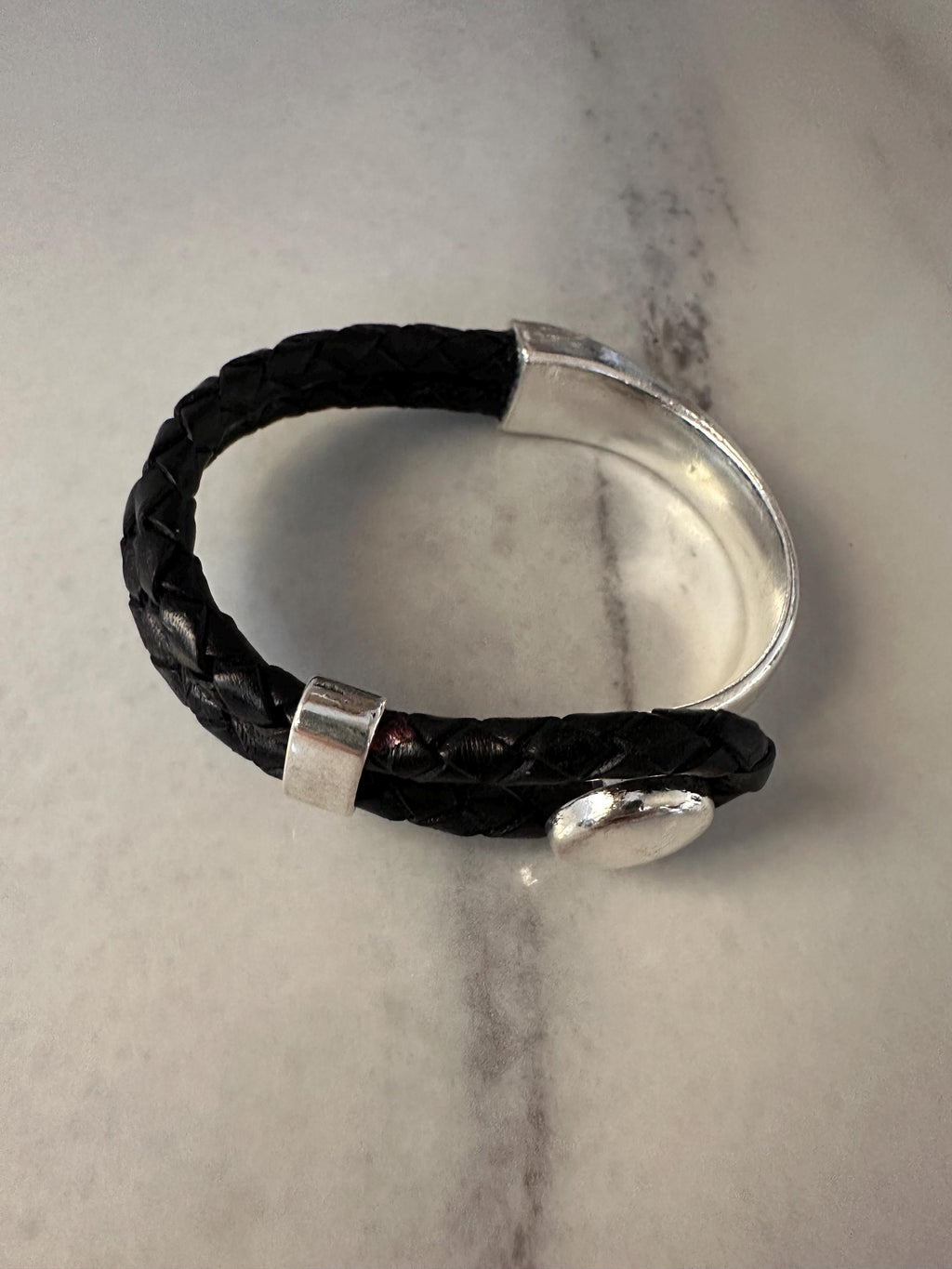 Leather Bracelet, silver tone button cuff.