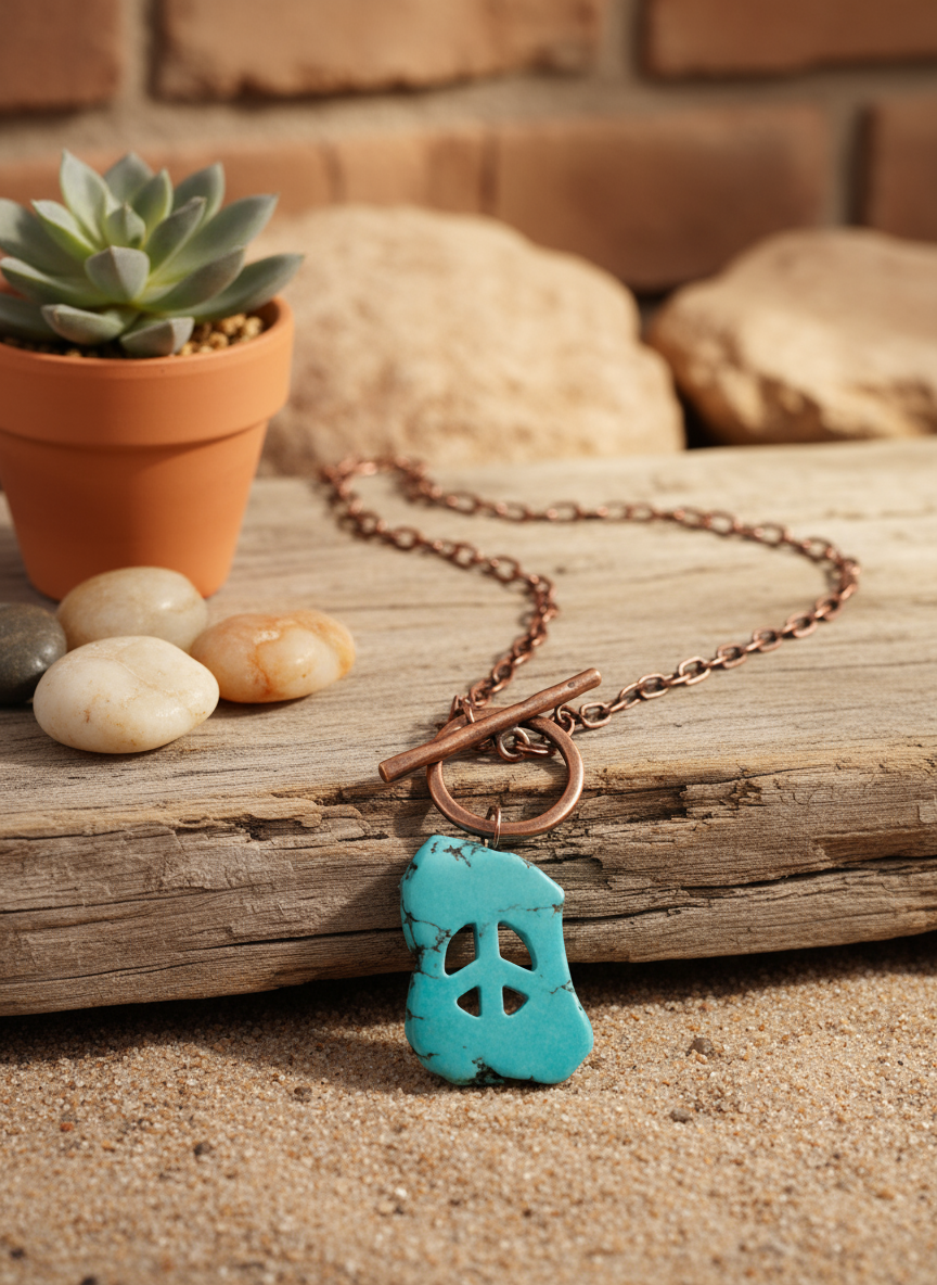 Turquoise Peace Sign Necklace in Desert Setting